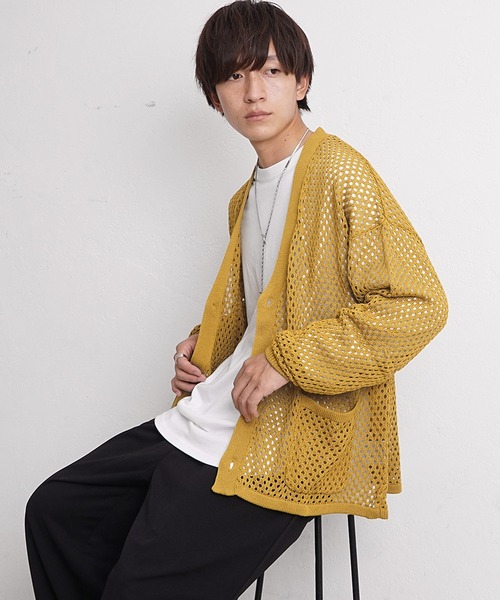 MinoriTY（マイノリティ）の「【MinoriTY】透かし編みカーディガン メッシュトップス 秋服 メンズ カラーカーディガン Tシャツ合わせ（カーディガン/ボレロ・メンズ・ブラック/ブルー/グリーン/マスタード・S/M/L）」の4枚目の写真