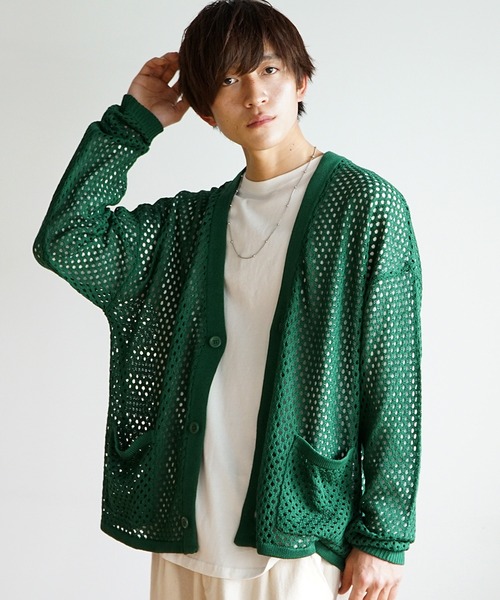 MinoriTY（マイノリティ）の「【MinoriTY】透かし編みカーディガン メッシュトップス 秋服 メンズ カラーカーディガン Tシャツ合わせ（カーディガン/ボレロ・メンズ・ブラック/ブルー/グリーン/マスタード・S/M/L）」の7枚目の写真