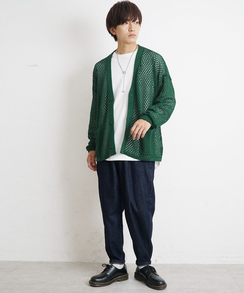 MinoriTY（マイノリティ）の「【MinoriTY】透かし編みカーディガン メッシュトップス 秋服 メンズ カラーカーディガン Tシャツ合わせ（カーディガン/ボレロ・メンズ・ブラック/ブルー/グリーン/マスタード・S/M/L）」の6枚目の写真