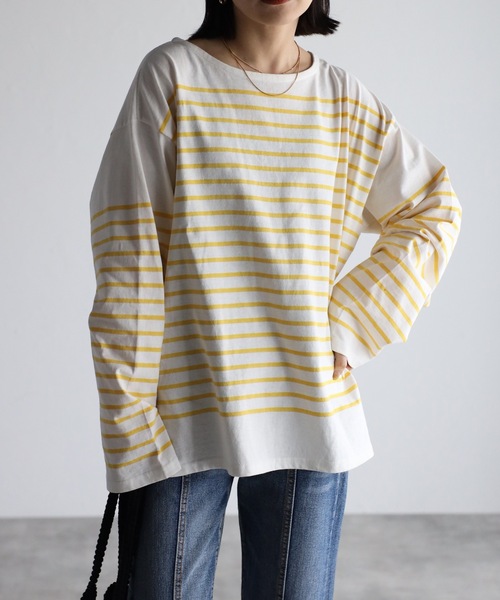 ap retro(アプレトロ)の「コットンビックパネルボーダーTシャツ/バスクシャツ(Tシャツ/カットソー・レディース・ホワイト/ネイビー/イエロー/グリーン・FREE)」の4枚目の写真
