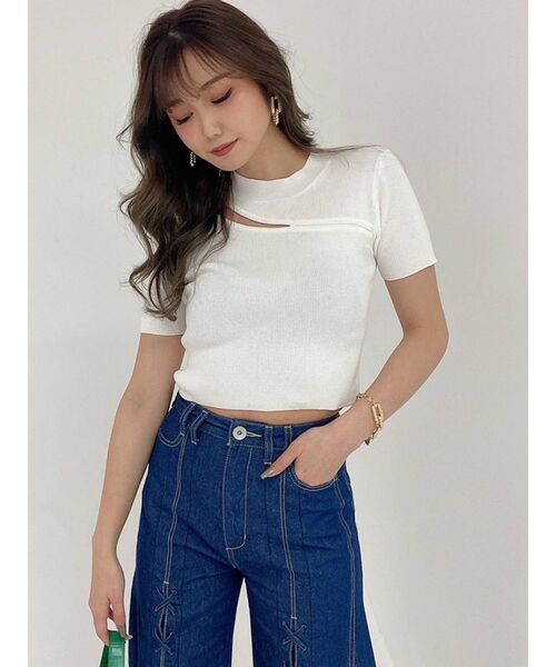 GYDA（ジェイダ）の「デコルテオープンリブニットトップス（ニット/セーター・レディース・ブラック/グリーン/オフホワイト・FREE）」の7枚目の写真