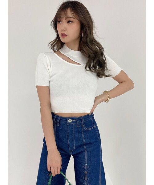 GYDA（ジェイダ）の「デコルテオープンリブニットトップス（ニット/セーター・レディース・ブラック/グリーン/オフホワイト・FREE）」の8枚目の写真