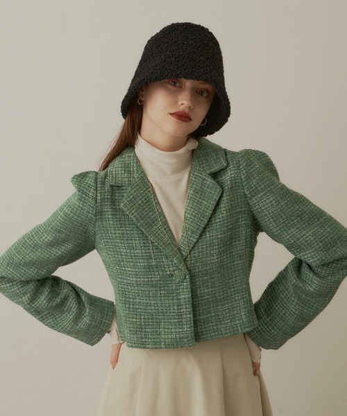VANNIE U（ヴァニーユー）の「ツイードショートワンジャケット（テーラードジャケット・レディース・グリーン/アイボリー・FREE）」の7枚目の写真