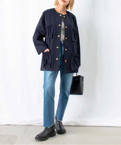 LUCA/LADY LUCK LUCA（ルカ/レディラックルカ）の「LC/LLL ノーカラーポケットギャザーカーゴジャケット（ミリタリージャケット・レディース・カーキ/ネイビー/キャメル・FREE）」の9枚目の写真