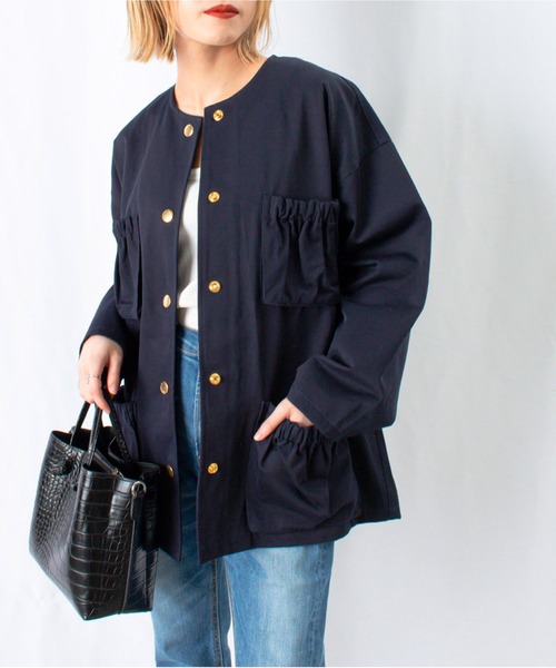 LUCA/LADY LUCK LUCA（ルカ/レディラックルカ）の「LC/LLL ノーカラーポケットギャザーカーゴジャケット（ミリタリージャケット・レディース・カーキ/ネイビー/キャメル・FREE）」の13枚目の写真