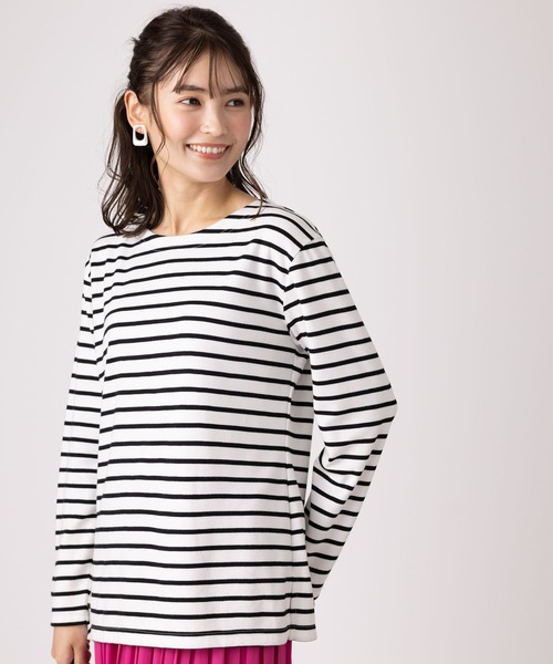 BELLUNA PLUS(ベルーナ)の「ポンチ素材ボーダープルオーバー(Tシャツ/カットソー・レディース・ホワイト×ネイビー/イエロー×グレー/ホワイト×ブルー/ホワイト×ピンク・LARGE/X-LARGE/MEDIUM)」の3枚目の写真