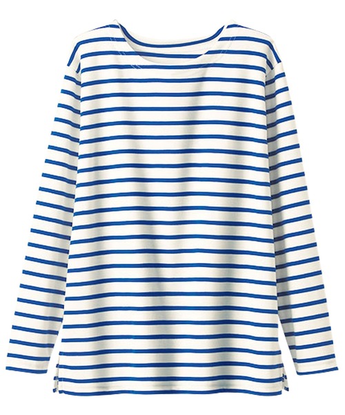 BELLUNA PLUS(ベルーナ)の「ポンチ素材ボーダープルオーバー(Tシャツ/カットソー・レディース・ホワイト×ネイビー/イエロー×グレー/ホワイト×ブルー/ホワイト×ピンク・LARGE/X-LARGE/MEDIUM)」の5枚目の写真