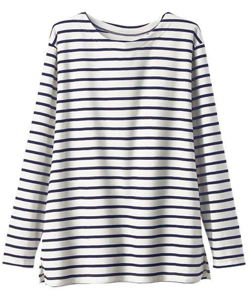 BELLUNA PLUS(ベルーナ)の「ポンチ素材ボーダープルオーバー(Tシャツ/カットソー・レディース・ホワイト×ネイビー/イエロー×グレー/ホワイト×ブルー/ホワイト×ピンク・LARGE/X-LARGE/MEDIUM)」の6枚目の写真