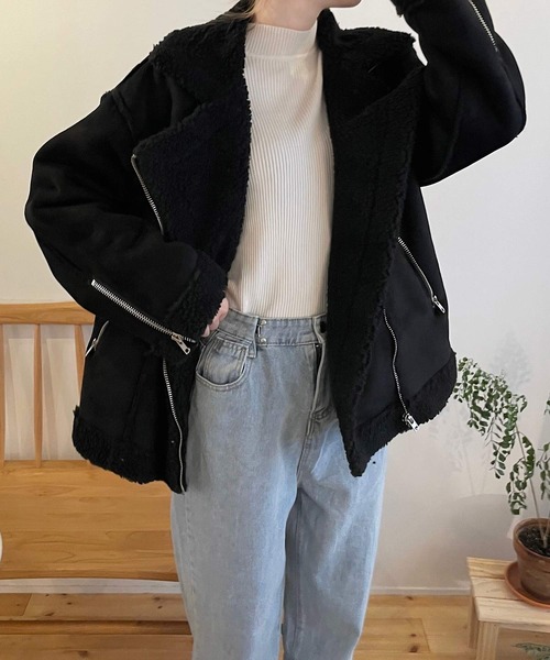 shopnikoniko(ショップニコニコ)の「フェイクムートン ライダースジャケット(ムートンコート・レディース・ブラック/アイボリー/ベージュ・フリー)」の22枚目の写真