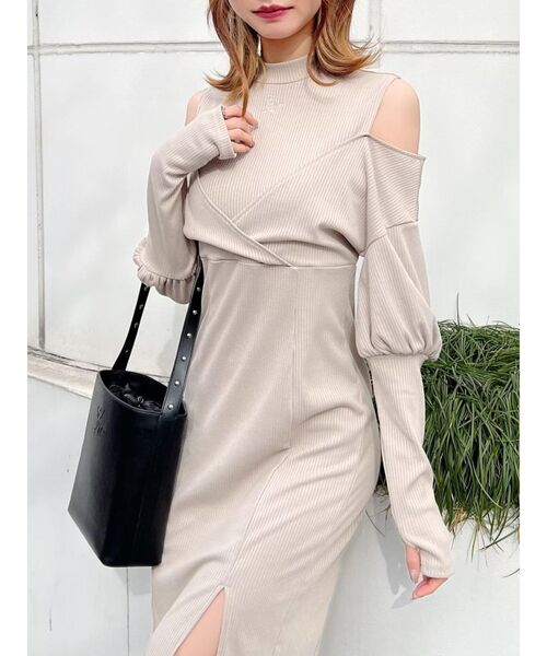 EATME(イートミー)の「カシュクールリブタイトワンピース(ワンピース・レディース・ベージュ/グレー/ブラック・FREE)」の1枚目の写真