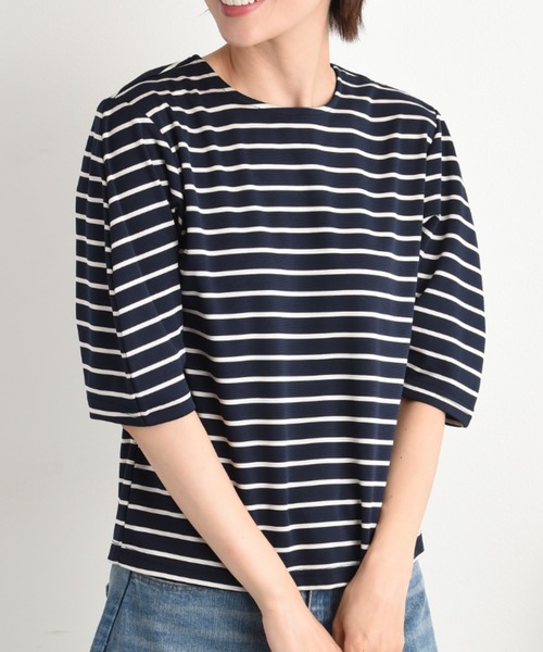 INTERPLANET(インタープラネット)の「変形スリーブボーダートップス(Tシャツ/カットソー・レディース・ブラック/グレー/ネイビー・FREE)」の5枚目の写真