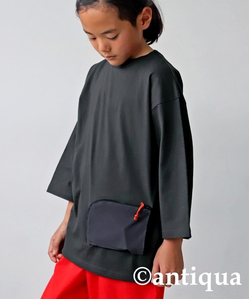 antiqua（アンティカ）の「異素材ジップポケット7分袖Ｔシャツ（Tシャツ/カットソー・キッズ・ダークグレー/オフホワイト/ブラック・140/120/160/130/150）」の3枚目の写真