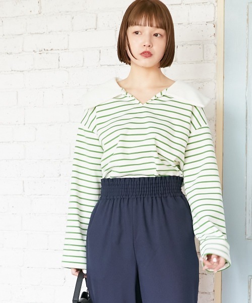 Le temps riche(ルタンリッシュ)の「セーラーカラーボーダープルオーバー <Le temps riche>(Tシャツ/カットソー・レディース・グリーン/ネイビー・L/M/LL)」の1枚目の写真