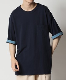 コットンUSA 2WAY ロールアップ スリーブカラー切替 ビッグシルエット 5分袖Tシャツ