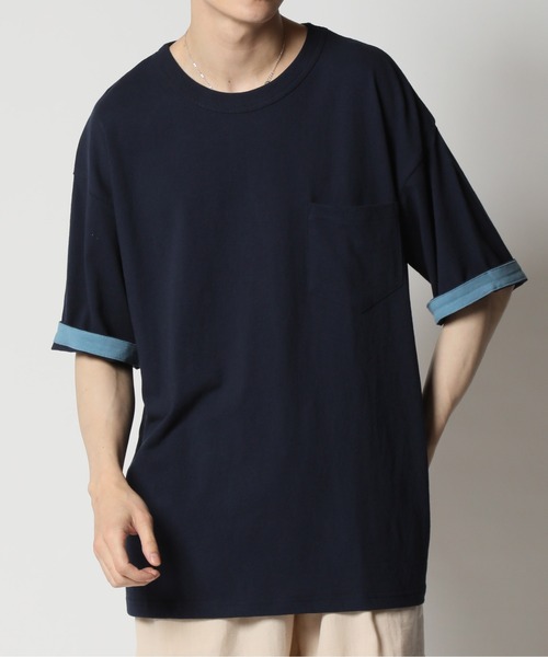 ARCADE(アーケード)の「コットンUSA 2WAY ロールアップ スリーブカラー切替 ビッグシルエット 5分袖Tシャツ(Tシャツ/カットソー・メンズ・ネイビー/グリーン/チャコール/ホワイト/ブルー/ブラック・L/LL/M)」の5枚目の写真