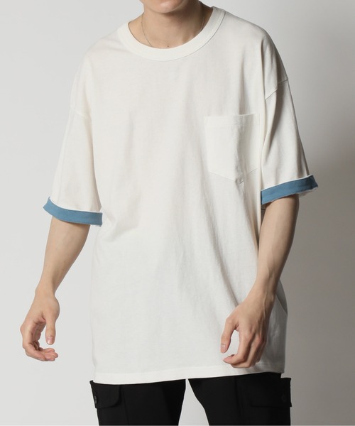 ARCADE(アーケード)の「コットンUSA 2WAY ロールアップ スリーブカラー切替 ビッグシルエット 5分袖Tシャツ(Tシャツ/カットソー・メンズ・ネイビー/グリーン/チャコール/ホワイト/ブルー/ブラック・L/LL/M)」の2枚目の写真