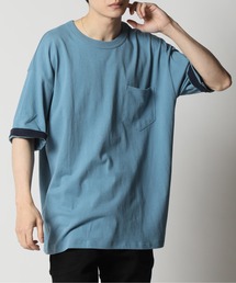 コットンUSA 2WAY ロールアップ スリーブカラー切替 ビッグシルエット 5分袖Tシャツ