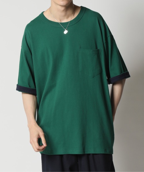 ARCADE(アーケード)の「コットンUSA 2WAY ロールアップ スリーブカラー切替 ビッグシルエット 5分袖Tシャツ(Tシャツ/カットソー・メンズ・ネイビー/グリーン/チャコール/ホワイト/ブルー/ブラック・L/LL/M)」の4枚目の写真