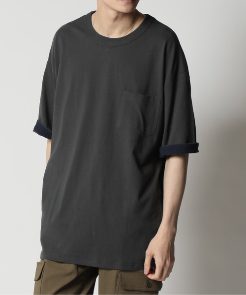 ARCADE(アーケード)の「コットンUSA 2WAY ロールアップ スリーブカラー切替 ビッグシルエット 5分袖Tシャツ(Tシャツ/カットソー・メンズ・ネイビー/グリーン/チャコール/ホワイト/ブルー/ブラック・L/LL/M)」の3枚目の写真
