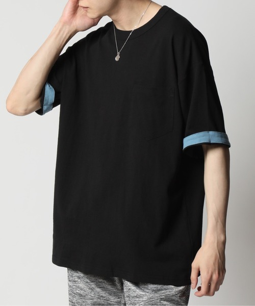 ARCADE(アーケード)の「コットンUSA 2WAY ロールアップ スリーブカラー切替 ビッグシルエット 5分袖Tシャツ(Tシャツ/カットソー・メンズ・ネイビー/グリーン/チャコール/ホワイト/ブルー/ブラック・L/LL/M)」の1枚目の写真