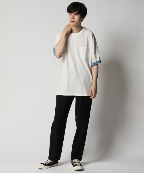 ARCADE(アーケード)の「コットンUSA 2WAY ロールアップ スリーブカラー切替 ビッグシルエット 5分袖Tシャツ(Tシャツ/カットソー・メンズ・ネイビー/グリーン/チャコール/ホワイト/ブルー/ブラック・L/LL/M)」の16枚目の写真