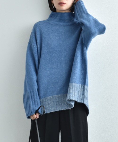 INTERPLANET（インタープラネット）の「ストレッチ配色プルオーバー（ニット/セーター・レディース・ブルー/チャコールグレー/アイボリー・FREE）」の3枚目の写真