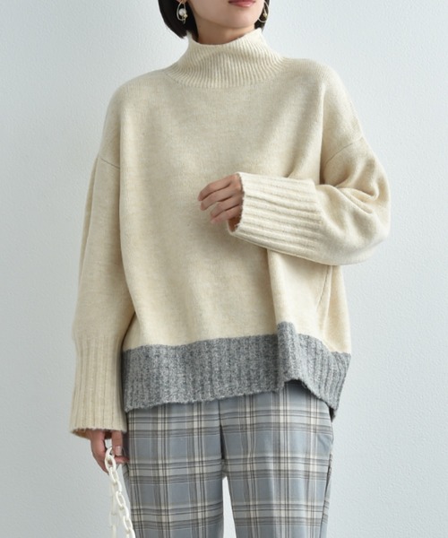 INTERPLANET（インタープラネット）の「ストレッチ配色プルオーバー（ニット/セーター・レディース・ブルー/チャコールグレー/アイボリー・FREE）」の8枚目の写真