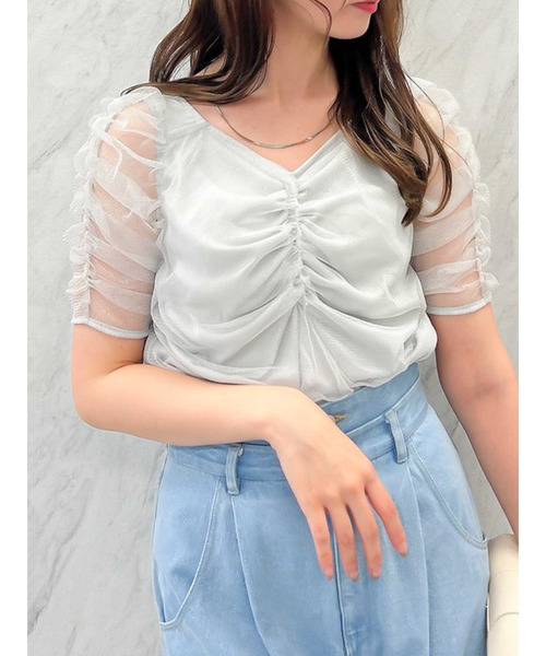 dazzlin(ダズリン)の「ギャザーチュールラメブラウス(シャツ/ブラウス・レディース・ブラック/グレー/ピンク・FREE)」の1枚目の写真