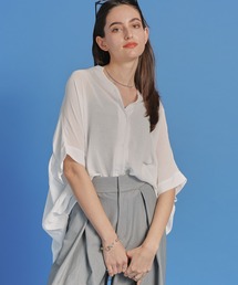 SALOON(サルーン)/ノーカラーギャザー5分袖ブラウス【洗濯機洗い可】