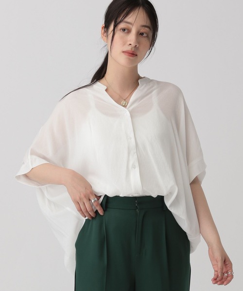 saloon(サルーン)の「SALOON(サルーン)/ノーカラーギャザー5分袖ブラウス【洗濯機洗い可】(シャツ/ブラウス・レディース・グレー系/グリーン系/ネイビー/オフホワイト・FREE)」の19枚目の写真
