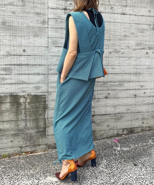 セール】チェック柄シャーリング レイヤードネック ノースリ