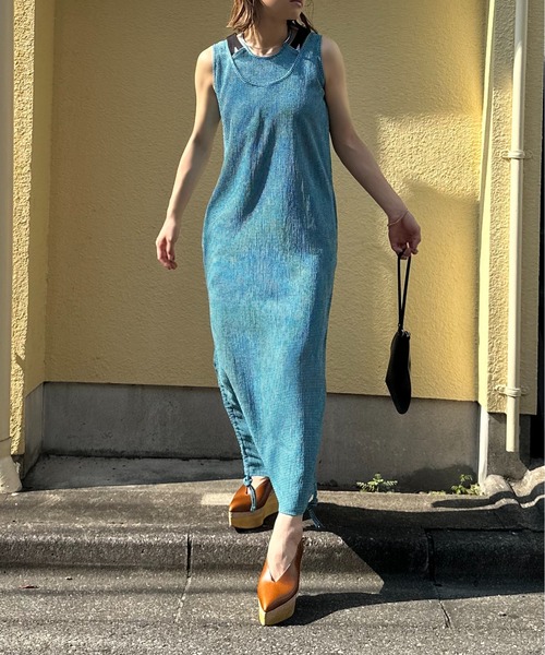 セール】チェック柄シャーリング レイヤードネック ノースリ