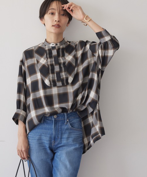 AMERICAN HOLIC(アメリカンホリック)の「ピンタック7分袖ギャザーシャツ(シャツ/ブラウス・レディース・ブラック/アイボリー/その他9/チェック・M/L)」の4枚目の写真