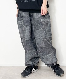 パッチワーク風デニムケミカル加工イージーカーゴパンツ