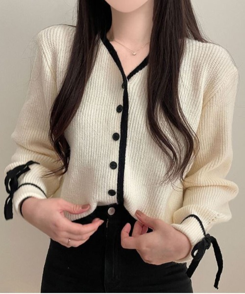 by muni:r（バイ ムニール）の「バイカラーリボンカーディガン（カーディガン/ボレロ・レディース・グレー/ブラウン/アイボリー・FREE）」の4枚目の写真