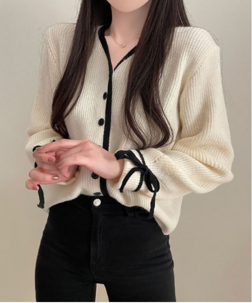 by muni:r（バイ ムニール）の「バイカラーリボンカーディガン（カーディガン/ボレロ・レディース・グレー/ブラウン/アイボリー・FREE）」の5枚目の写真