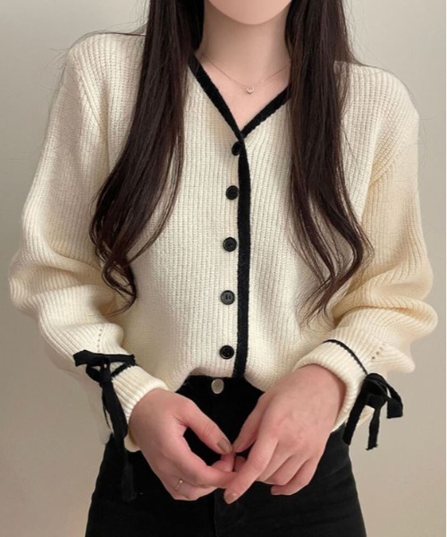 by muni:r（バイ ムニール）の「バイカラーリボンカーディガン（カーディガン/ボレロ・レディース・グレー/ブラウン/アイボリー・FREE）」の6枚目の写真