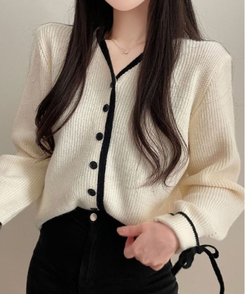 by muni:r（バイ ムニール）の「バイカラーリボンカーディガン（カーディガン/ボレロ・レディース・グレー/ブラウン/アイボリー・FREE）」の8枚目の写真