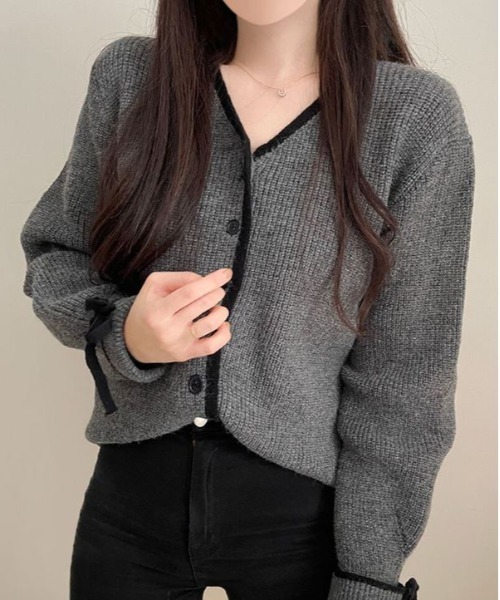 by muni:r（バイ ムニール）の「バイカラーリボンカーディガン（カーディガン/ボレロ・レディース・グレー/ブラウン/アイボリー・FREE）」の10枚目の写真