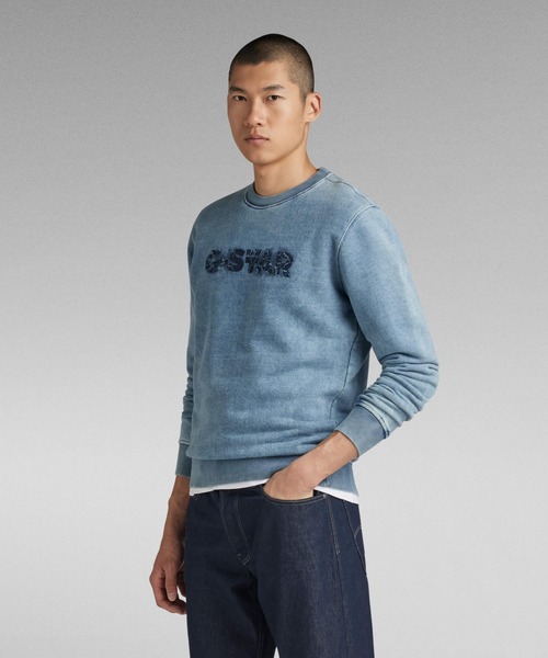 【セール】INDIGO DISTRESSED LOGO SWEATER/インディゴグラフィックロゴスウェット（スウェット）｜G-STAR RAW（ジースターロゥ）