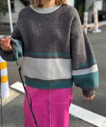 mi via loca | ボリュームスリーブ バイカラー畦ニットプルオーバー(ニット/セーター)