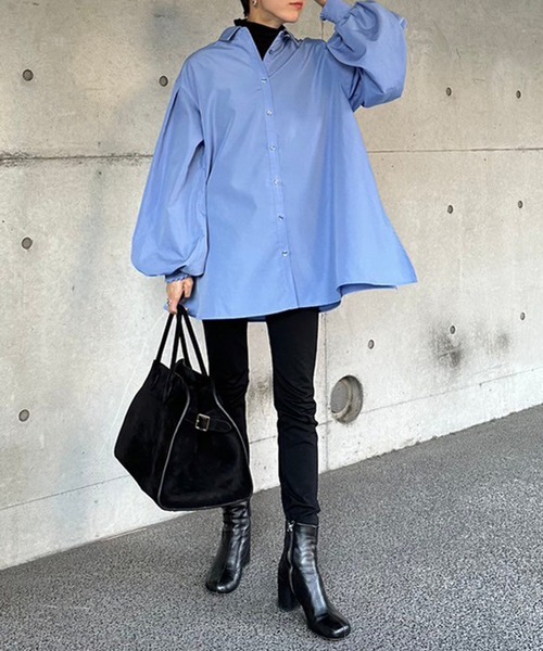 Bonjour Sagan(ボンジュールサガン)の「裾フレアバルーンスリーブシャツブラウス(シャツ/ブラウス・レディース・サックスブルー/オフホワイト・FREE)」の14枚目の写真