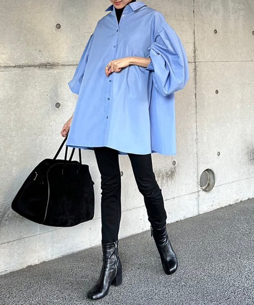 Bonjour Sagan(ボンジュールサガン)の「裾フレアバルーンスリーブシャツブラウス(シャツ/ブラウス・レディース・サックスブルー/オフホワイト・FREE)」の12枚目の写真