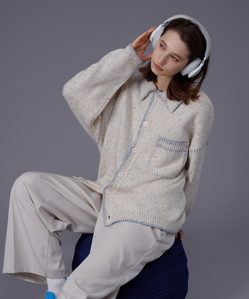 ONCILY（オンシェリー）の「COLOR NEP YARN STITCH KNIT SHIRT CARDIGAN / カラーネップステッチニットシャツカーディガン（シャツ/ブラウス・メンズ・アイボリー/ネイビー・MEDIUM/LARGE）」の14枚目の写真