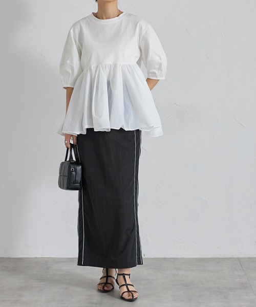 each（イーチ）の「裾ナイロン切替ランタンスリーブペプラムカットソー（Tシャツ/カットソー・レディース・ホワイト/ブラック/グレイッシュベージュ/ブラック×ブラック/ホワイト系その他/ブラック×グレー/ホワイト×シルバー/ブラック×シルバー・FREE）」の16枚目の写真