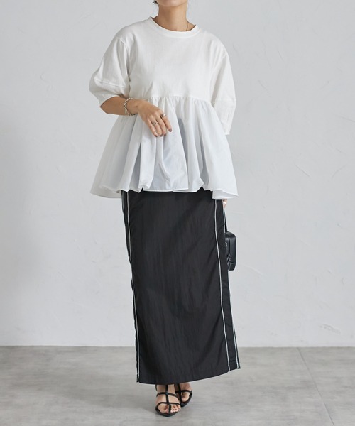 each（イーチ）の「裾ナイロン切替ランタンスリーブペプラムカットソー（Tシャツ/カットソー・レディース・ホワイト/ブラック/グレイッシュベージュ/ブラック×ブラック/ホワイト系その他/ブラック×グレー/ホワイト×シルバー/ブラック×シルバー・FREE）」の18枚目の写真