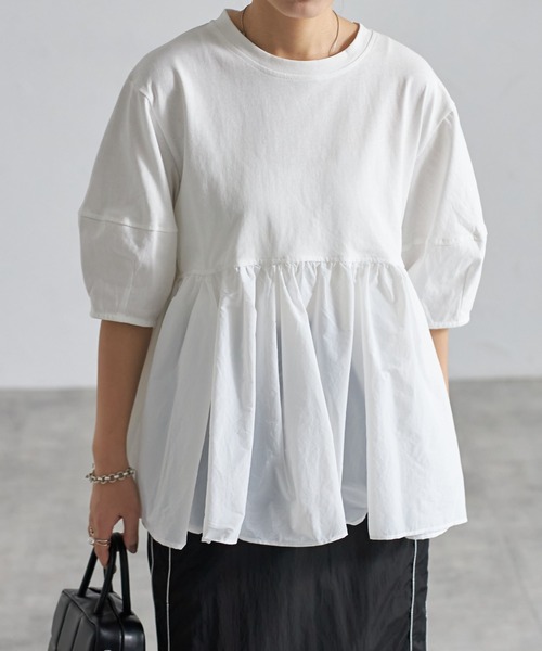 each（イーチ）の「裾ナイロン切替ランタンスリーブペプラムカットソー（Tシャツ/カットソー・レディース・ホワイト/ブラック/グレイッシュベージュ/ブラック×ブラック/ホワイト系その他/ブラック×グレー/ホワイト×シルバー/ブラック×シルバー・FREE）」の9枚目の写真