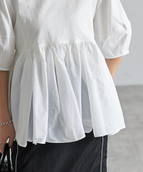 each（イーチ）の「裾ナイロン切替ランタンスリーブペプラムカットソー（Tシャツ/カットソー・レディース・ホワイト/ブラック/グレイッシュベージュ/ブラック×ブラック/ホワイト系その他/ブラック×グレー/ホワイト×シルバー/ブラック×シルバー・FREE）」の14枚目の写真