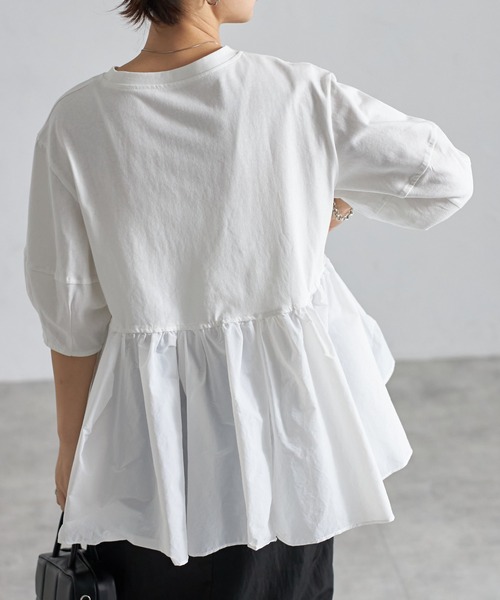 each（イーチ）の「裾ナイロン切替ランタンスリーブペプラムカットソー（Tシャツ/カットソー・レディース・ホワイト/ブラック/グレイッシュベージュ/ブラック×ブラック/ホワイト系その他/ブラック×グレー/ホワイト×シルバー/ブラック×シルバー・FREE）」の10枚目の写真