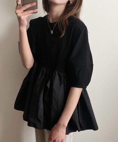 裾ナイロン切替ランタンスリーブペプラムカットソー（Tシャツ 